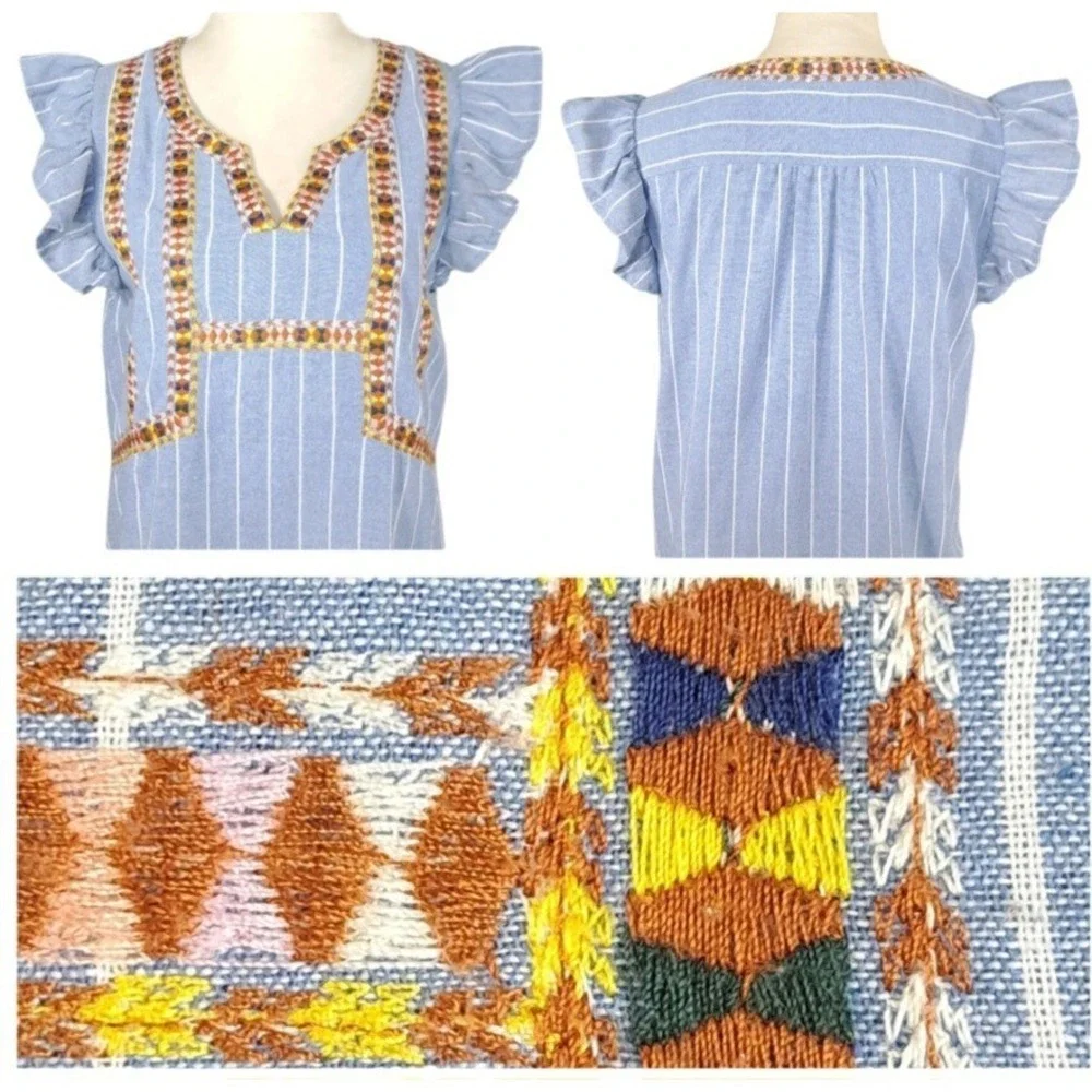 Entro Dress Size Medium Pullover Blue Stripe Embroidered Ruffle Sleeve‎ Lined